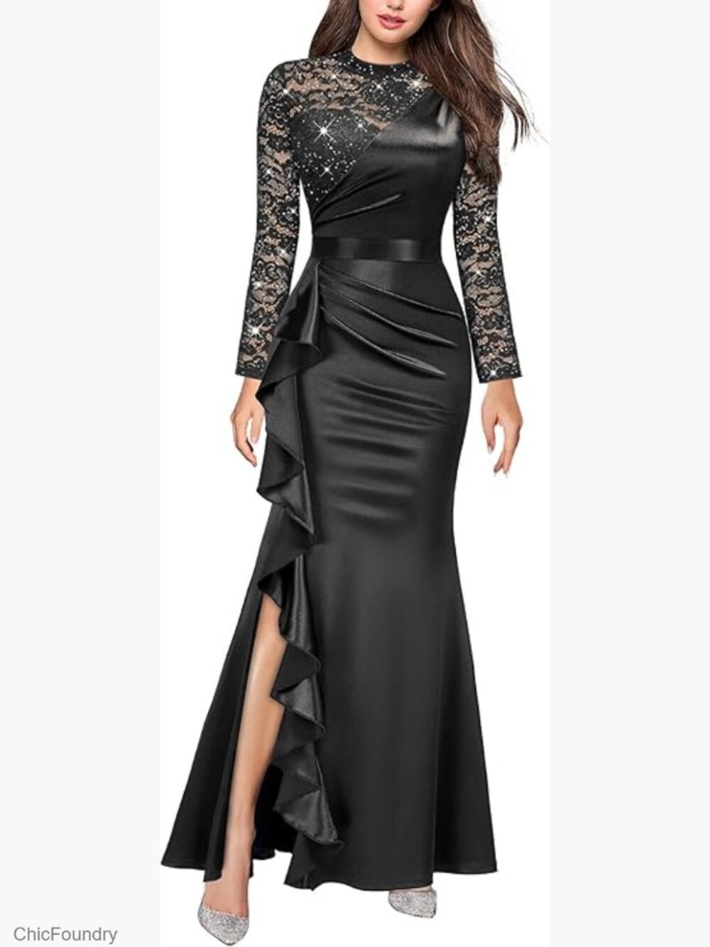 Vintage Lace Contrast Satin Ruched Ruffle Formal Evening Maxi Dress